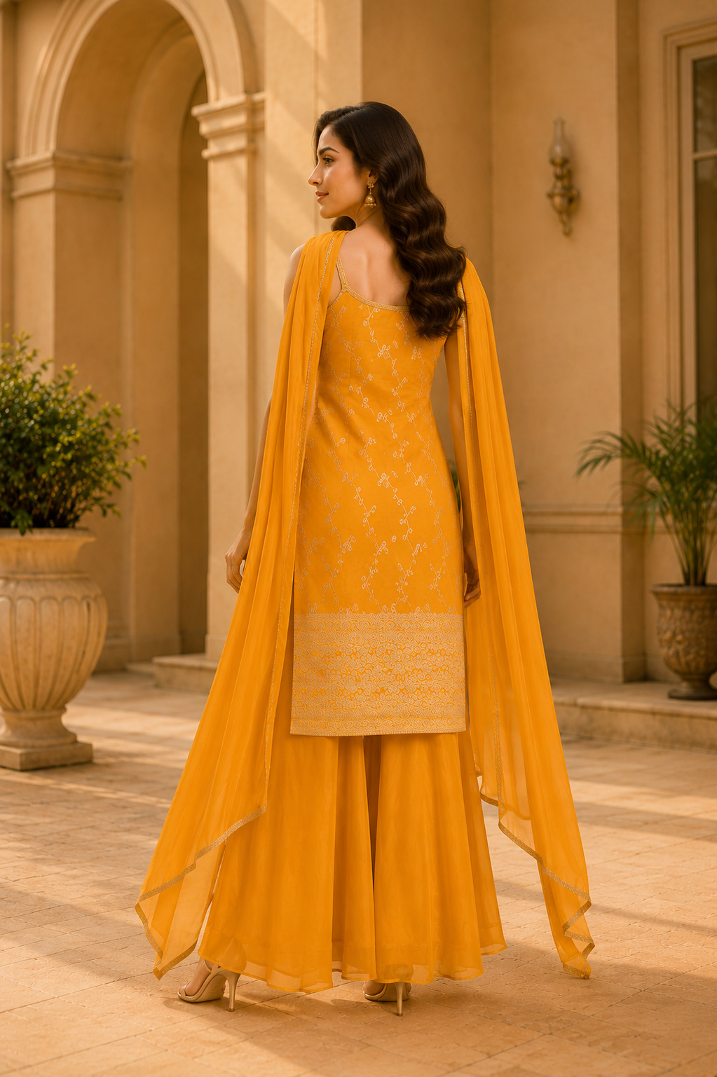Orange Flared Palazzo Set with Dupatta – Premium Soft Blended Silk