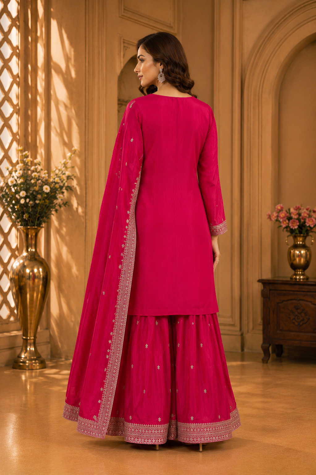 Rani Pink Embroidered Flaired Palazzo Set in Premium Soft Blended Silk