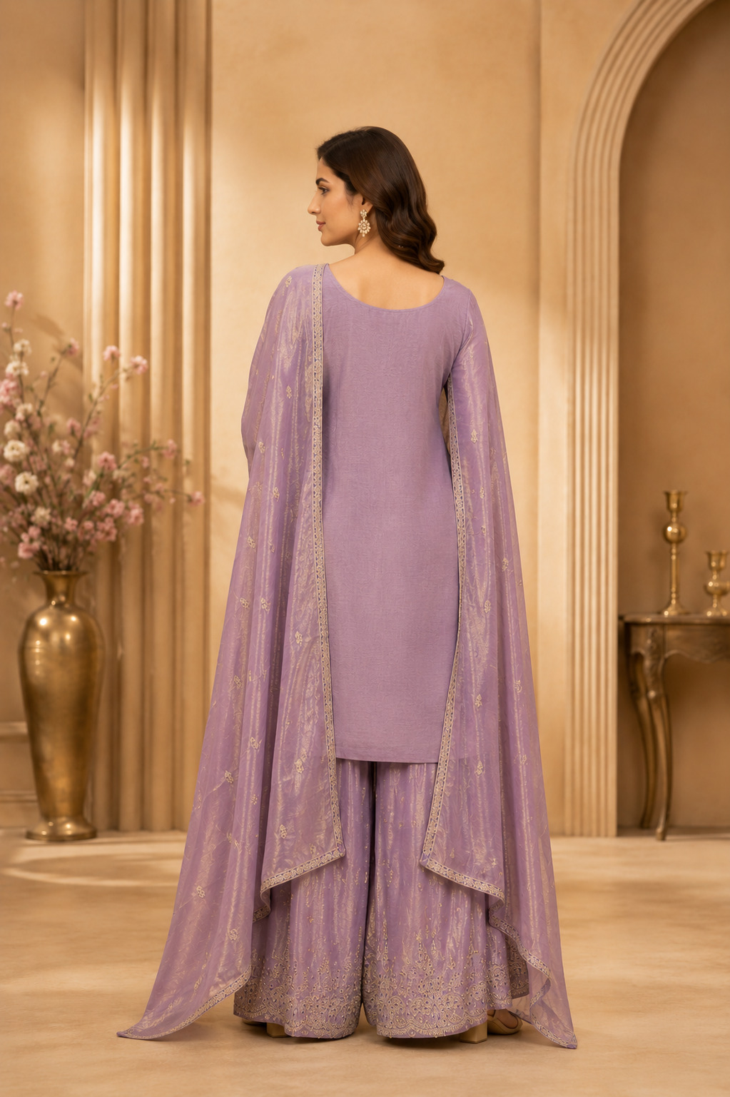 Lavender Embroidered Flaired Palazzo Set in Soft Blended Fendi Silk