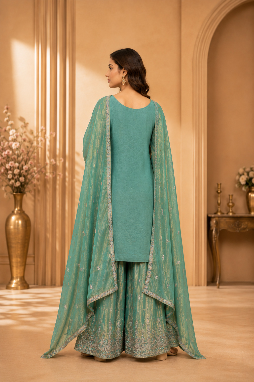 Pistachio Green Embroidered Flaired Palazzo Set in Soft Blended Fendi Silk