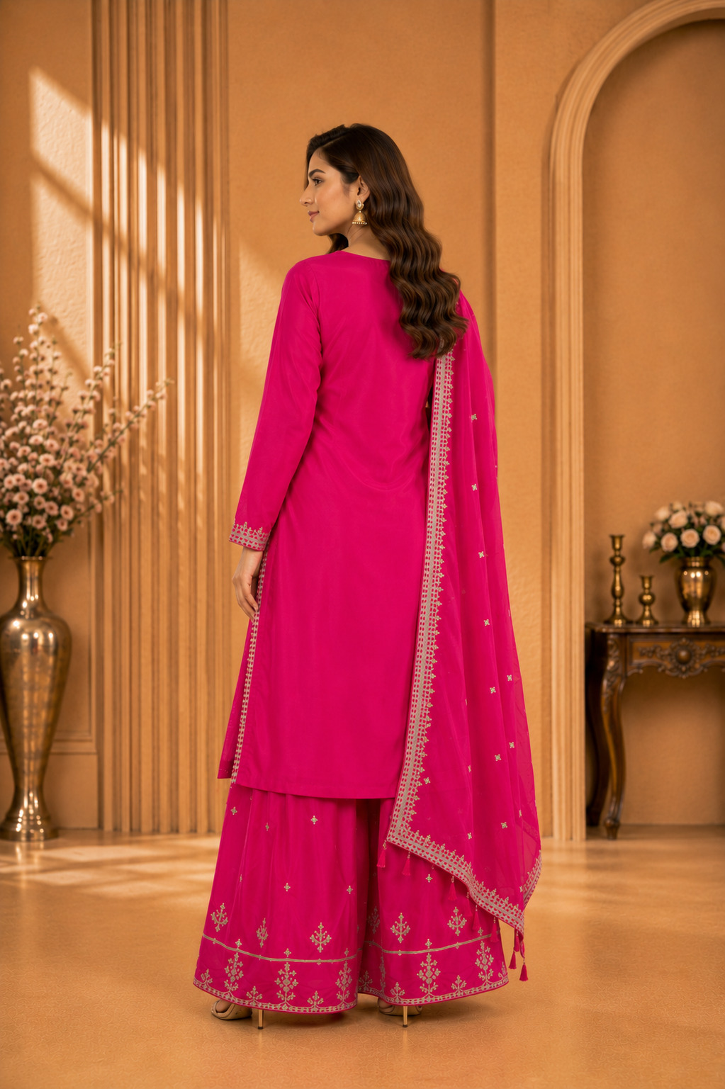 Rani Pink Golden Zari Embroidered Flaired Palazzo Set in Soft Blended Silk