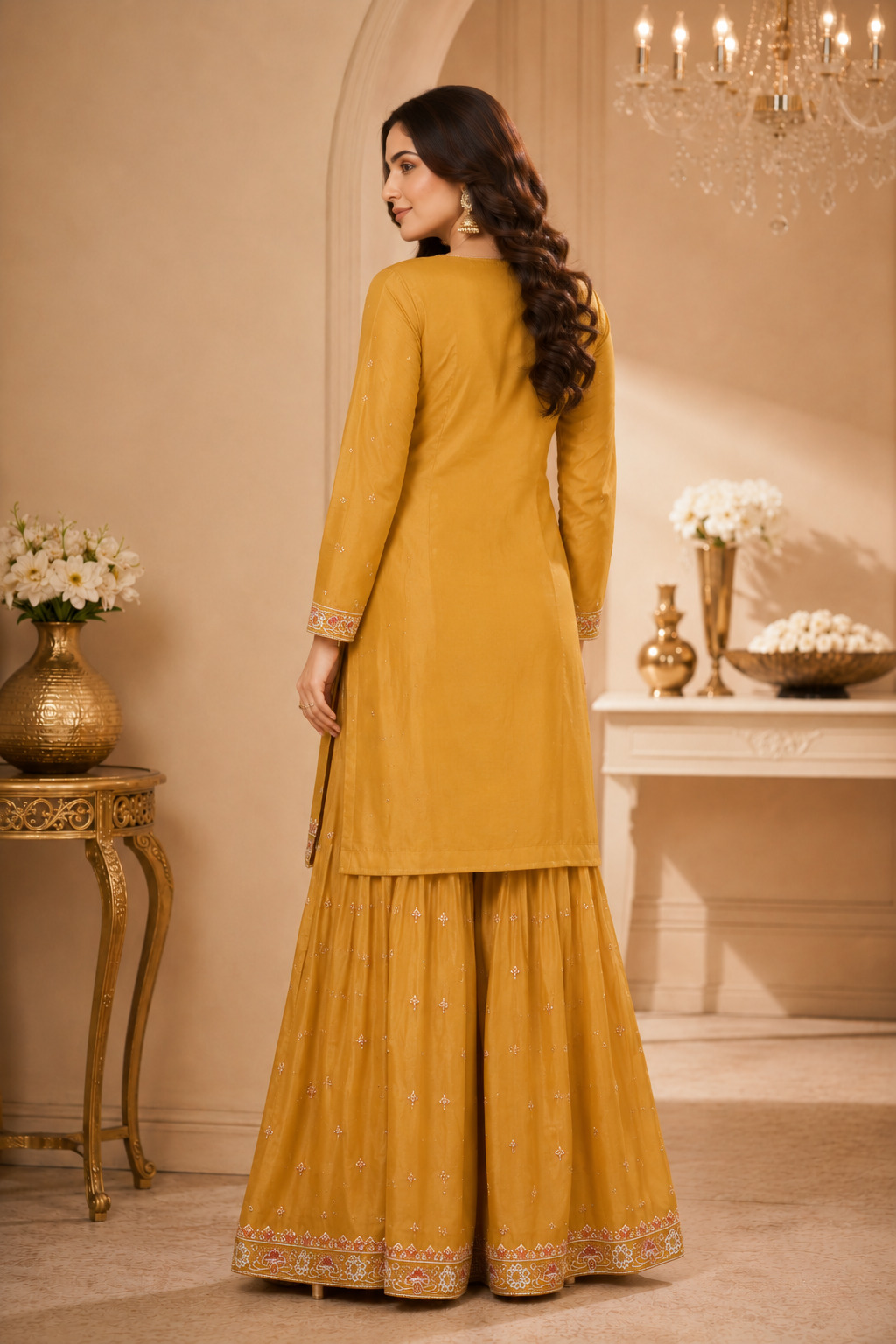 Mustard Yellow Embroidered Flared Palazzo Set with Dupatta – Premium Soft Blended Silk