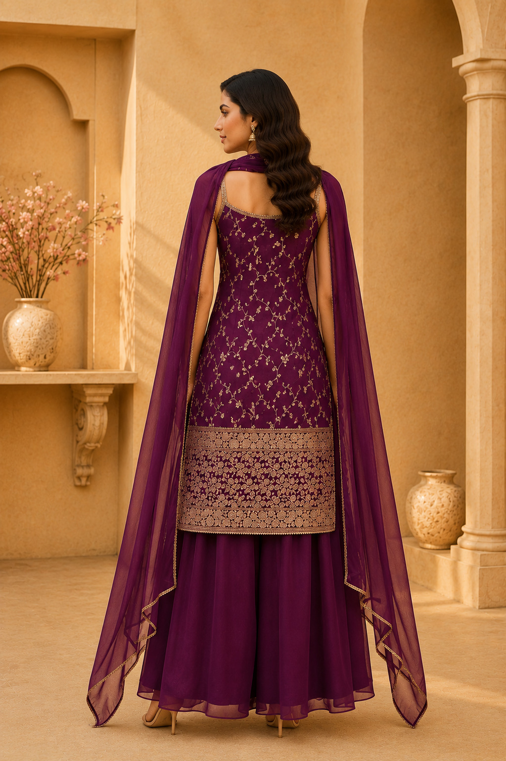 Wine Embroidered Flared Palazzo Set with Dupatta – Premium Soft Blended Silk