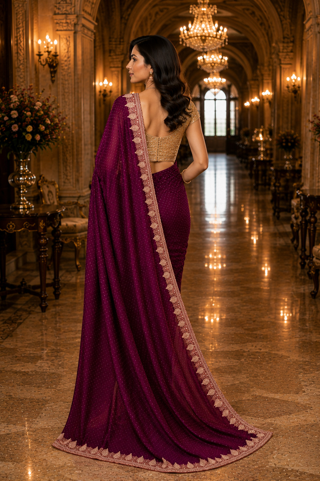 Womens Wine Blended Tissue Silk Saree with Golden Zari Border & Stone Work  Designer Party Wear Saree