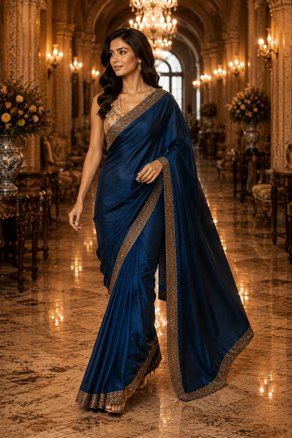 Womens Navy Blue Fendi Silk Saree with Golden Border Work  Designer Party Wear Saree