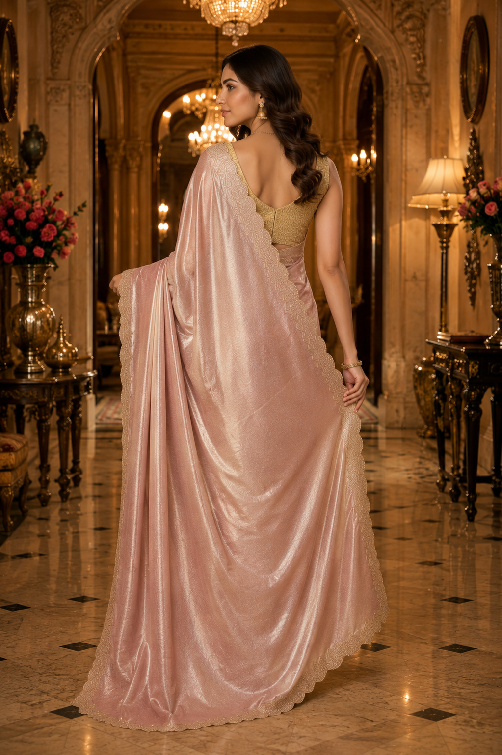 Womens Light Pink Kanjivaram Silk Saree with Golden Stone Work  Designer Party Wear Saree