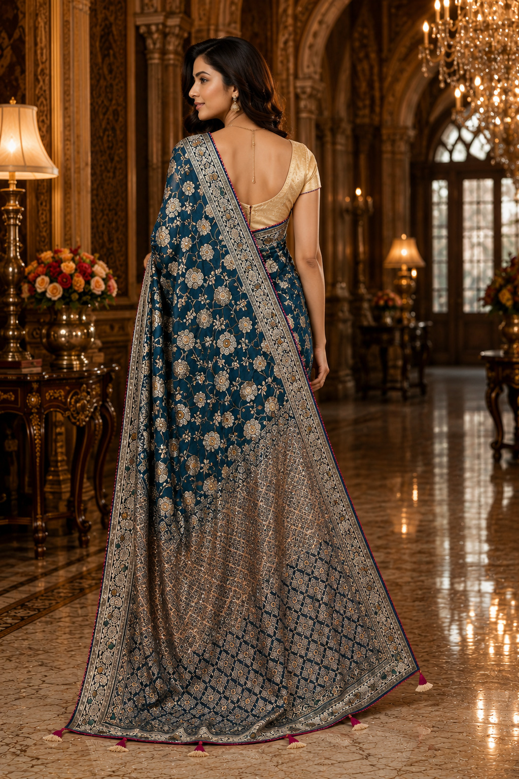 Womens Teal Blue Bansari Silk Saree with Embossed Floral Work  Designer Party Wear Saree