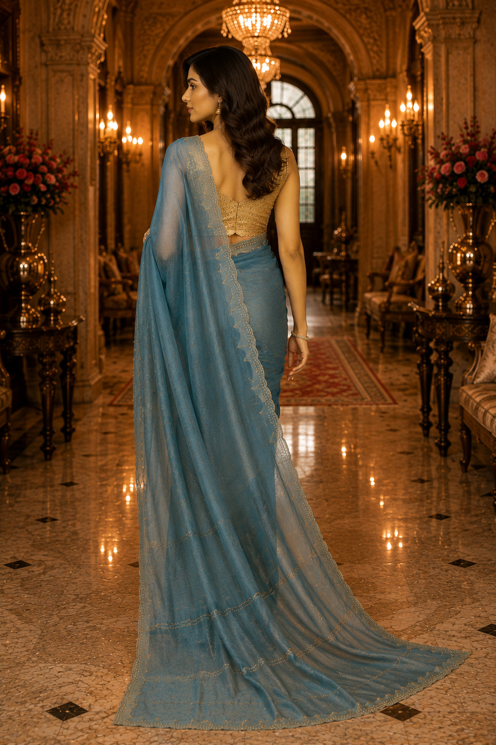 Womens Grayish Blue Blended Premium Silk Saree with Golden Stone Work  Designer Party Wear Saree
