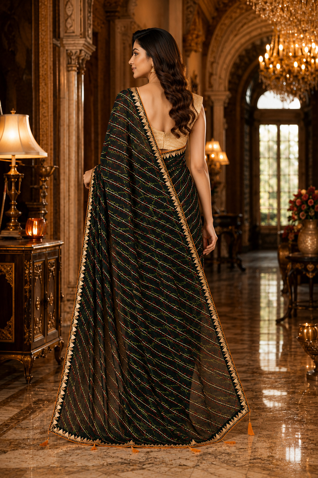 Womens Green Georgette Saree with Golden Zari Work & Attached Orange Contrast Bhagalpuri Silk Blouse  Designer Party Wear Saree