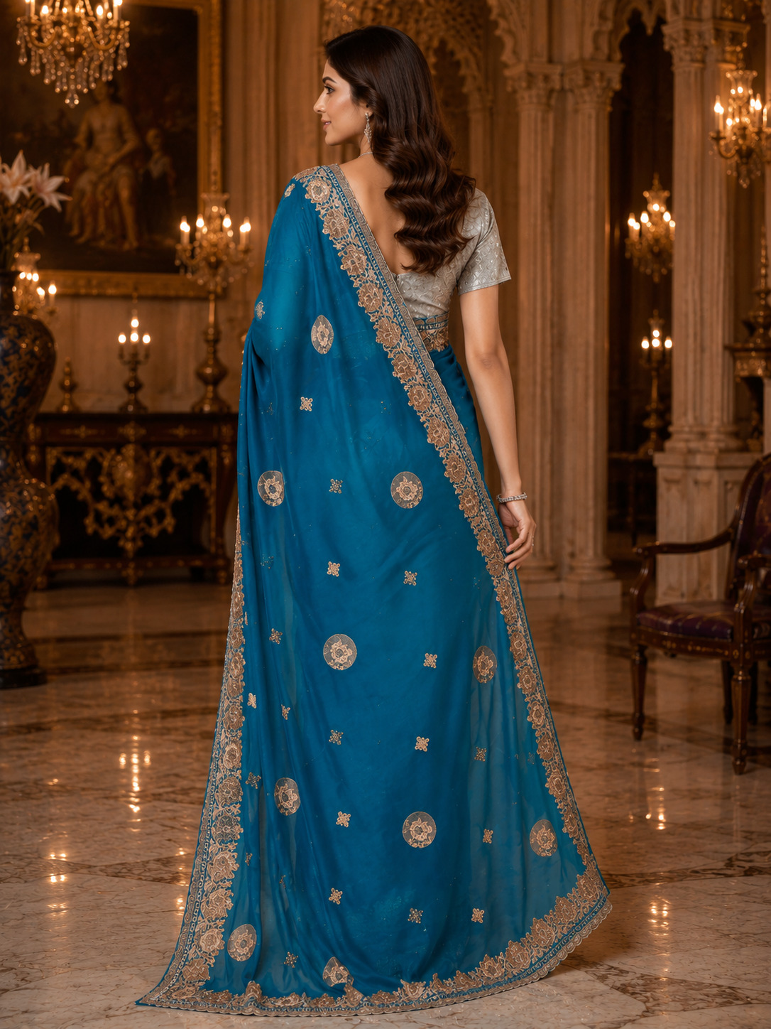 Womens Teal Blue Soft Tissue Silk Saree with Golden Zari & Stone Work | Designer Party Wear Saree with Attached Embroidered Blouse