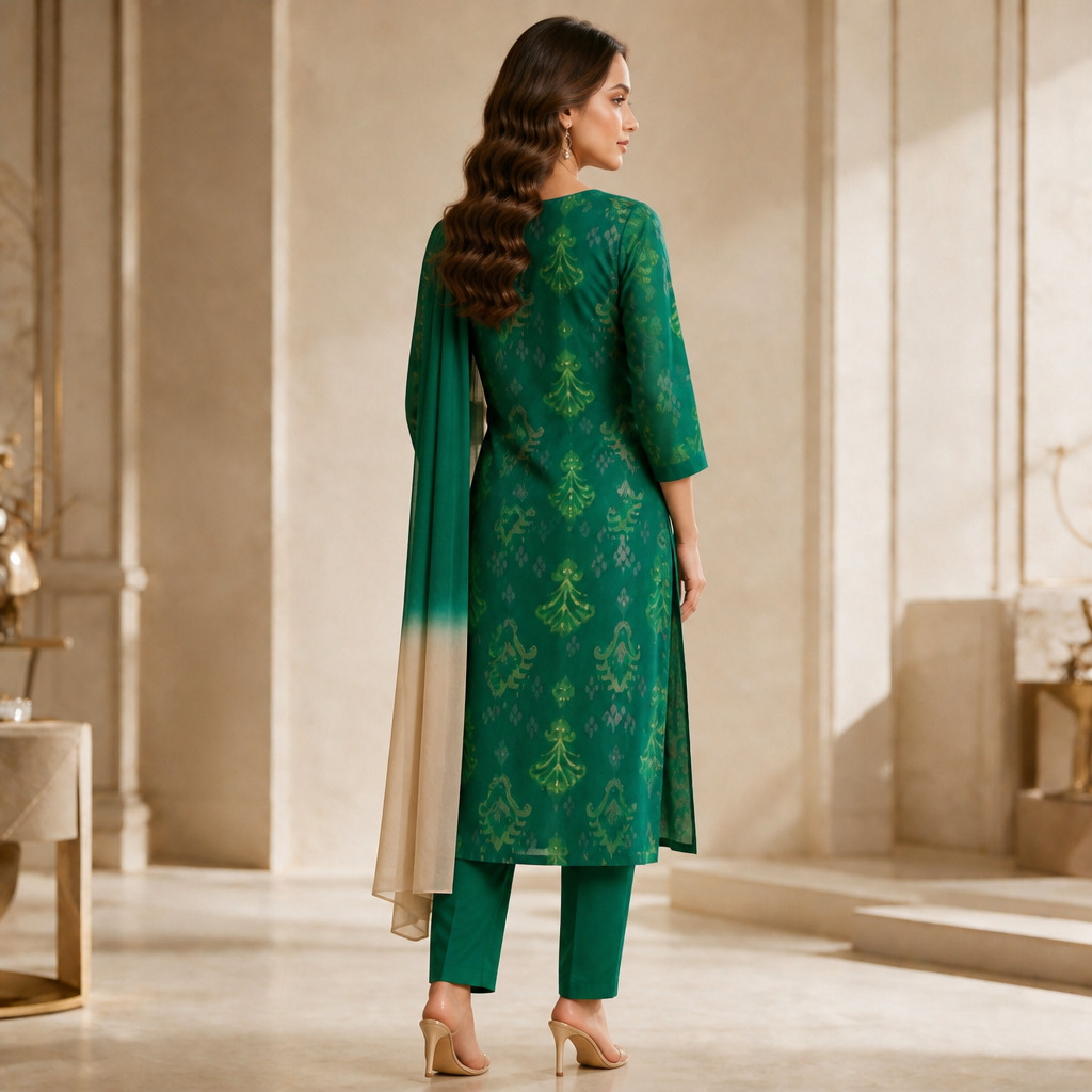 Emerald Green Ikat Printed Silk Kurta Set with Embroidered Yoke & Dual-Tone Dupatta