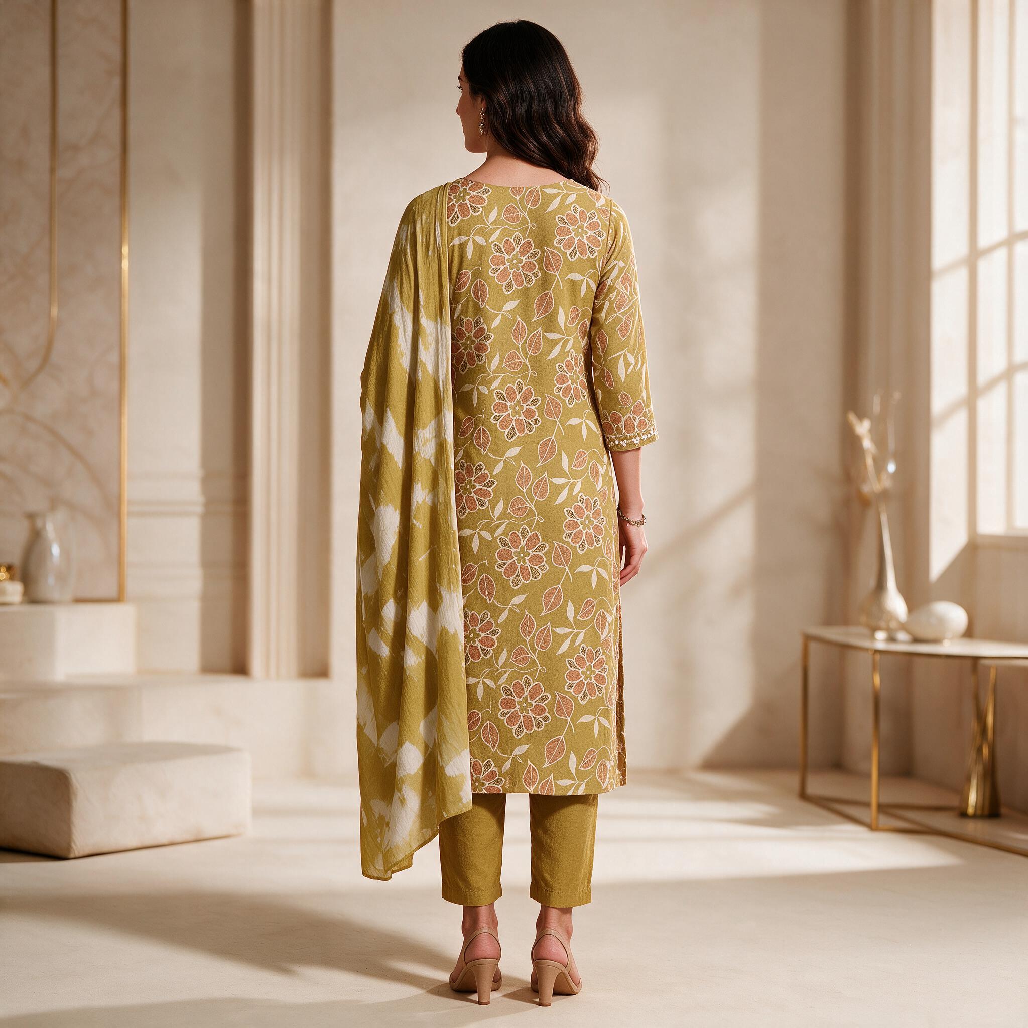 Womens Mustard Yellow Floral Printed Straight Kurta Set with Dupatta