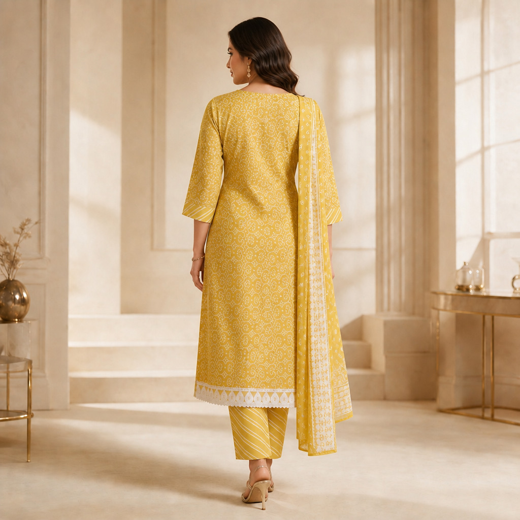 Womens Yellow Frock Style Suit with Printed Dupatta