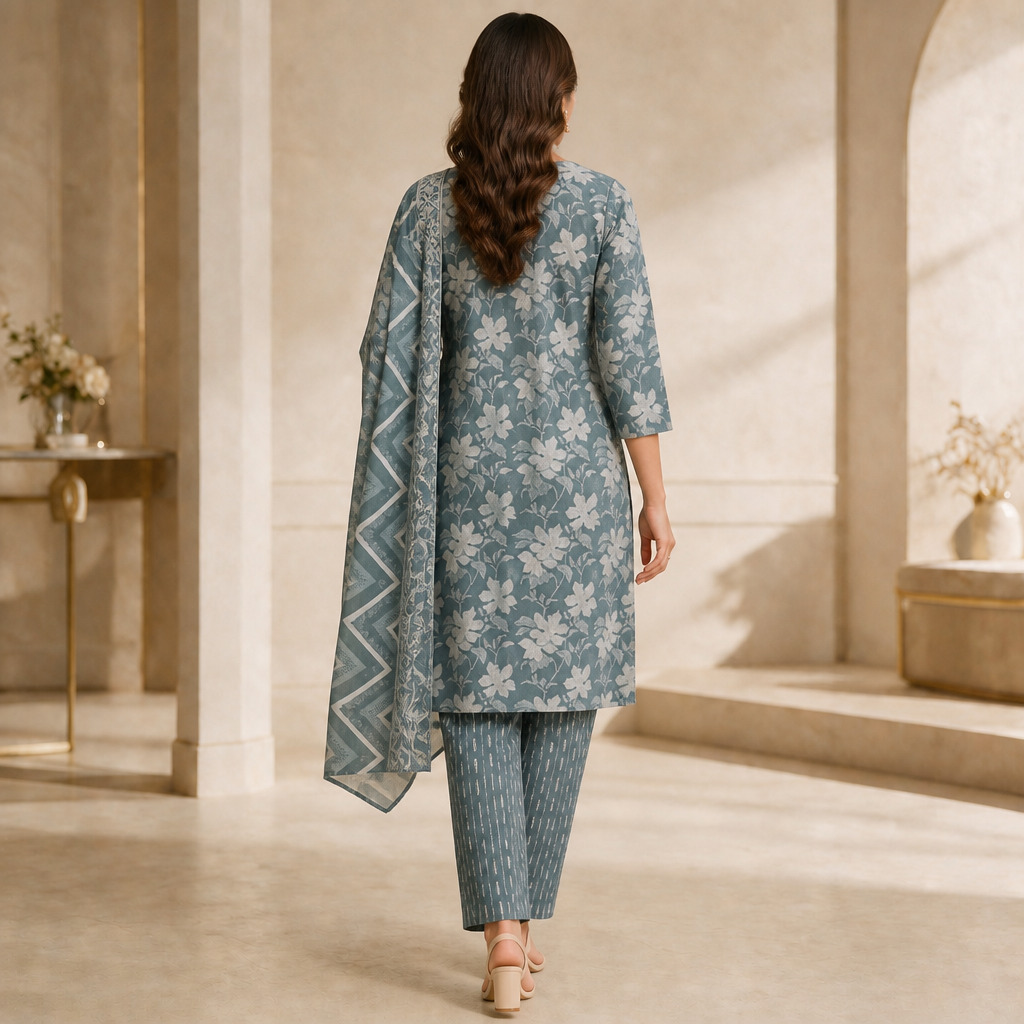 Womens Blue Grey Frock Style Kurta Set in Rayon with Dupatta